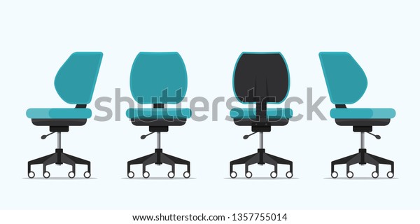 Office chair or desk chair\
in various points of view. Armchair or stool in front, back, side\
angles. Blue furniture for Interior in flat design. Vector\
illustration.