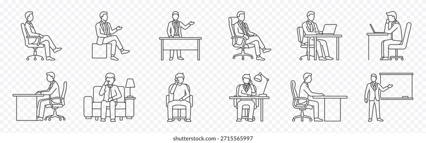 Office chair and desk worker line icon set – editable outline symbols of sitting, working, reading, thinking and presenting