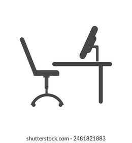 Silla de oficina, computadora de escritorio y mesa icono Vector, ilustración.