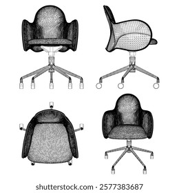 Office chair editable vector illustration on white background. Chair Line art, clip art. Hand-drawn design elements. Vector Illustration with Front, Side, and Top Views