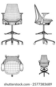 Office chair editable vector illustration on white background. Chair Line art, clip art. Hand-drawn design elements. Vector Illustration with Front, Side, and Top Views