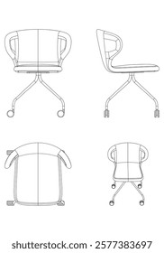 Office chair editable vector illustration on white background. Chair Line art, clip art. Hand-drawn design elements. Vector Illustration with Front, Side, and Top Views