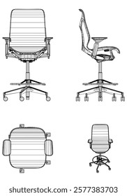 Office chair editable vector illustration on white background. Chair Line art, clip art. Hand-drawn design elements. Vector Illustration with Front, Side, and Top Views