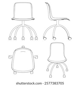Office chair editable vector illustration on white background. Chair Line art, clip art. Hand-drawn design elements. Vector Illustration with Front, Side, and Top Views