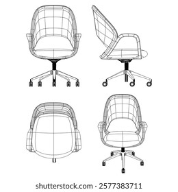 Office chair editable vector illustration on white background. Chair Line art, clip art. Hand-drawn design elements. Vector Illustration with Front, Side, and Top Views