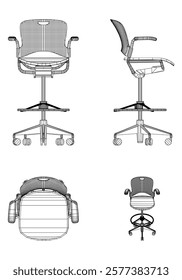 Office chair editable vector illustration on white background. Chair Line art, clip art. Hand-drawn design elements. Vector Illustration with Front, Side, and Top Views