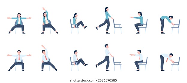 Office chair exercises. Male female managers showing different stretching with chairs. Training for back and neck pain due to sedentary lifestyle, recent vector set