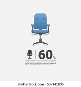 Office Chair In Flat Design For Living Room Interior. Minimal Icon For Furniture Sale Poster. Blue Chair On White Background In Paper Art Style. Vector Illustration.