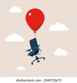 Office chair flying in the air with balloon. HR recruitment concept.  Flat vector illustration.