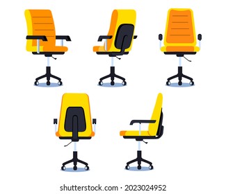 Office chair in front, side and back angles. Armchair set in various points of view. Flat vector illustration of an empty office desk chair.