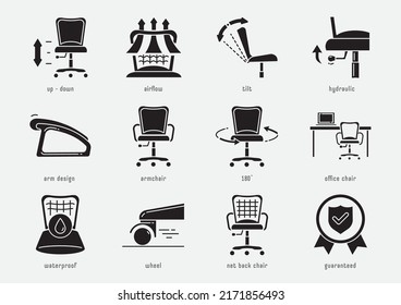 office chair function glyph icon set with up-down, airflow, net bak, wheel and guaranteed.