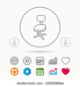Office chair icon. Business armchair sign. Calendar, Graph chart and Cogwheel signs. Download and Heart love linear web icons. Vector