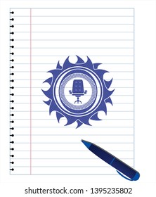 office chair icon emblem draw with pen effect. Blue ink. Vector Illustration. Detailed.