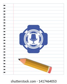 office chair icon emblem draw with pen effect. Blue ink. Vector Illustration. Detailed.