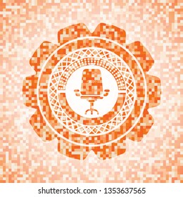 office chair icon inside abstract emblem, orange mosaic background