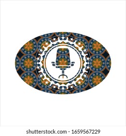 office chair icon inside arabic badge. Arabesque decoration.