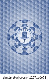 office chair icon inside blue emblem with geometric pattern.