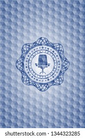 office chair icon inside blue badge with geometric background.