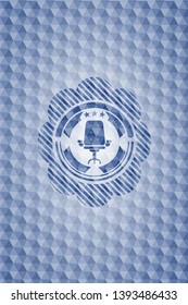 office chair icon inside blue emblem or badge with abstract geometric polygonal pattern background.