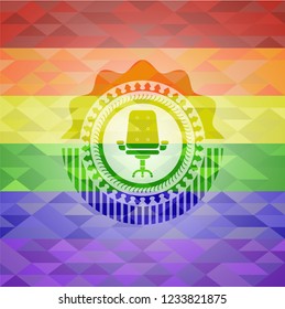 office chair icon inside emblem on mosaic background with the colors of the LGBT flag
