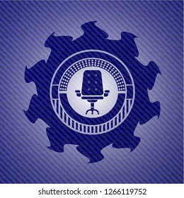 office chair icon inside emblem with jean texture