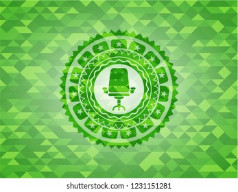 office chair icon inside green emblem with mosaic background