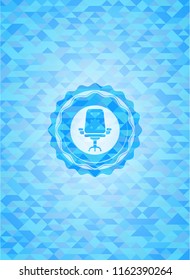 office chair icon inside light blue emblem with triangle mosaic background
