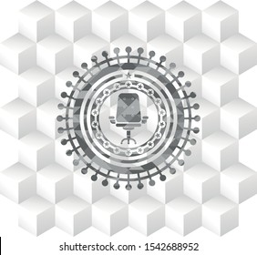 office chair icon inside realistic grey emblem with geometric cube white background