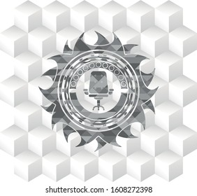 office chair icon inside realistic grey emblem with geometric cube white background