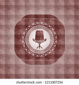 office chair icon inside red emblem with geometric pattern background. Seamless.