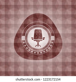 office chair icon inside red seamless emblem with geometric background.