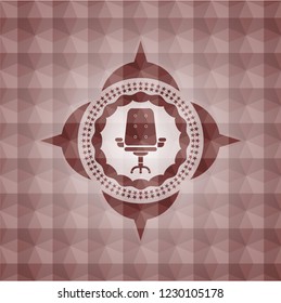 office chair icon inside red emblem or badge with abstract geometric pattern background. Seamless.