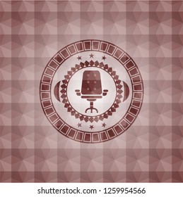 office chair icon inside red seamless emblem or badge with abstract geometric pattern background.