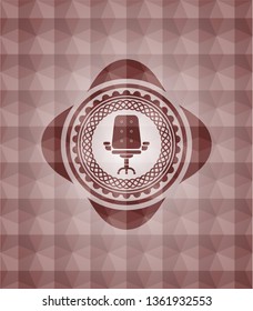 office chair icon inside red seamless emblem or badge with abstract geometric pattern background.