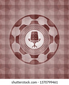 office chair icon inside red seamless emblem with geometric background.