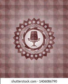 office chair icon inside red emblem with geometric pattern. Seamless.