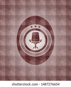 office chair icon inside red seamless emblem or badge with geometric pattern background.