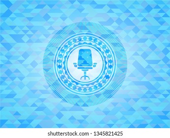 office chair icon inside sky blue emblem. Mosaic background