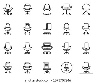 Office chair icon set. Collection of thin line icons. 20 high quality outline logo on white background. Pack of symbols for design website, mobile app, printed material, etc.