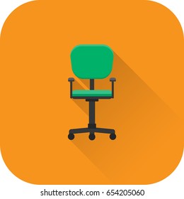 Office chair icon. Vector. Flat design with long shadow. Green armchair isolated on orange background.