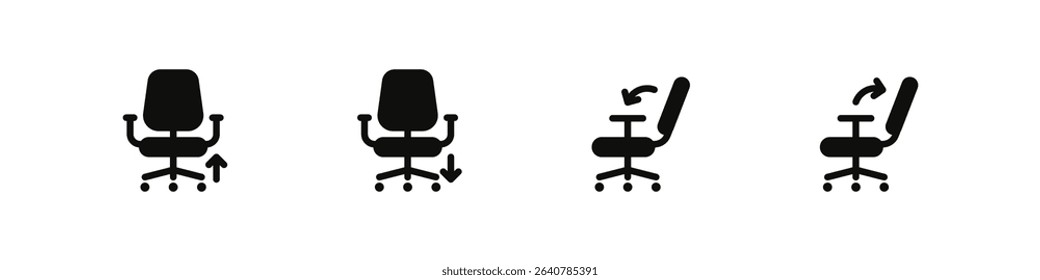 Office chair icons with adjustable features in flat vector style. Ergonomic furniture symbol set for workplace themes set.