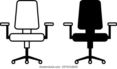 Office Chair Icons. Black and White Vector Icons. Modern Chair with Handles and Wheels. Furniture. Office Concept