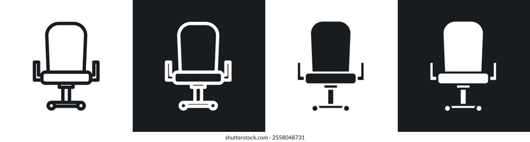 Office chair icons pack in black and white filled and outlined versions.