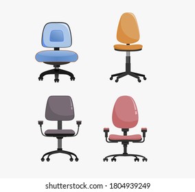 Office chair interior set. Computer furniture seat, ergonomic design. Different colors, positions. Vector flat style cartoon illustration isolated on white background