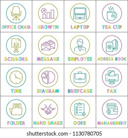 Office chair and laptop, scissors and message icons set. Handshake and checklist with done tasks. Fax and diagram, briefcase tea vector illustration