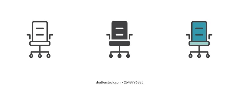 Office chair line icon, solid and filled outline colorful icon set featuring ergonomic office chair outline, solid chair icon and filled outline version as color vector sign symbol.