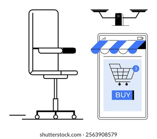 Office chair next to smartphone screen with online shopping cart and buy button. Drones above the phone imply delivery. Ideal for e-commerce, office supplies, online shopping, digital marketplace