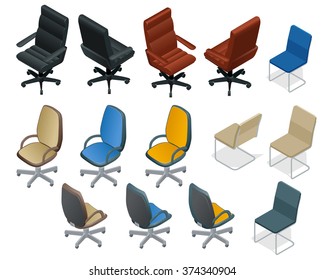 Office Chair On White Background. Big Set Of Office Furniture. Flat 3d Isometric Vector Illustration. For Infographics And Design Games.