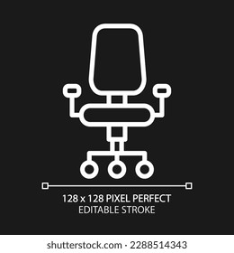 Office chair pixel perfect white linear icon for dark theme. Adjustable stool. Ergonomic sitting. Home furniture store. Thin line illustration. Isolated symbol for night mode. Editable stroke