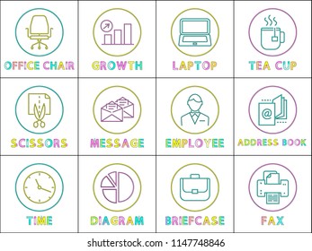 Office chair and scissors, time and growth icons set. Laptop and employee man, diagram and printing fax, briefcase isolated on vector illustration